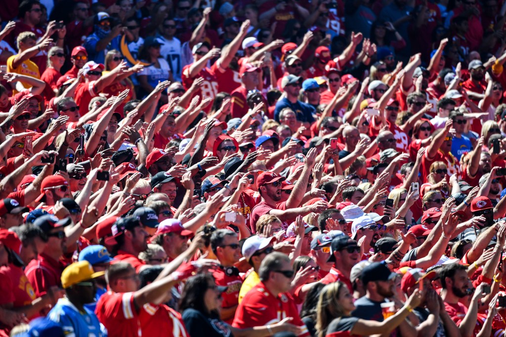 Kansas City Chiefs fans doing the tomahawk chop at Arrowhead Stadium on Sept. 11, 2016.