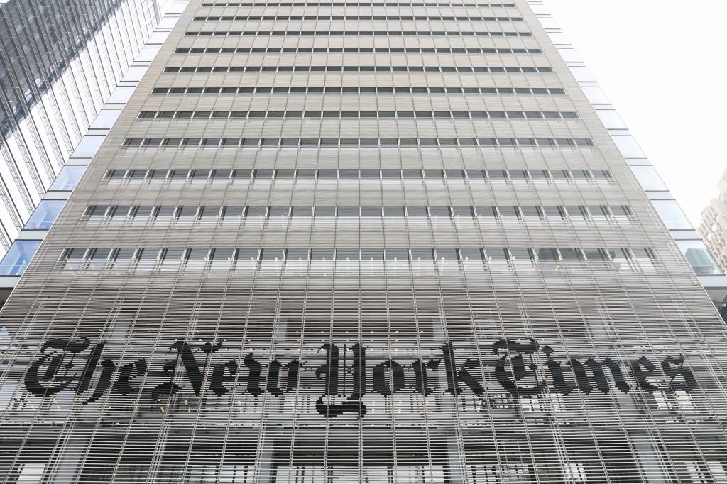 The New York Times logo is seen on the building in New York City, United States on October 27, 2022.