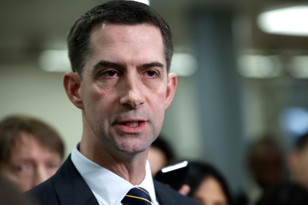 Sen. Tom Cotton (R-AK) speaks with reporters after attending a closed-door, classified briefing for Senators at U.S. Capitol Building on February 14, 2023 in Washington, DC.