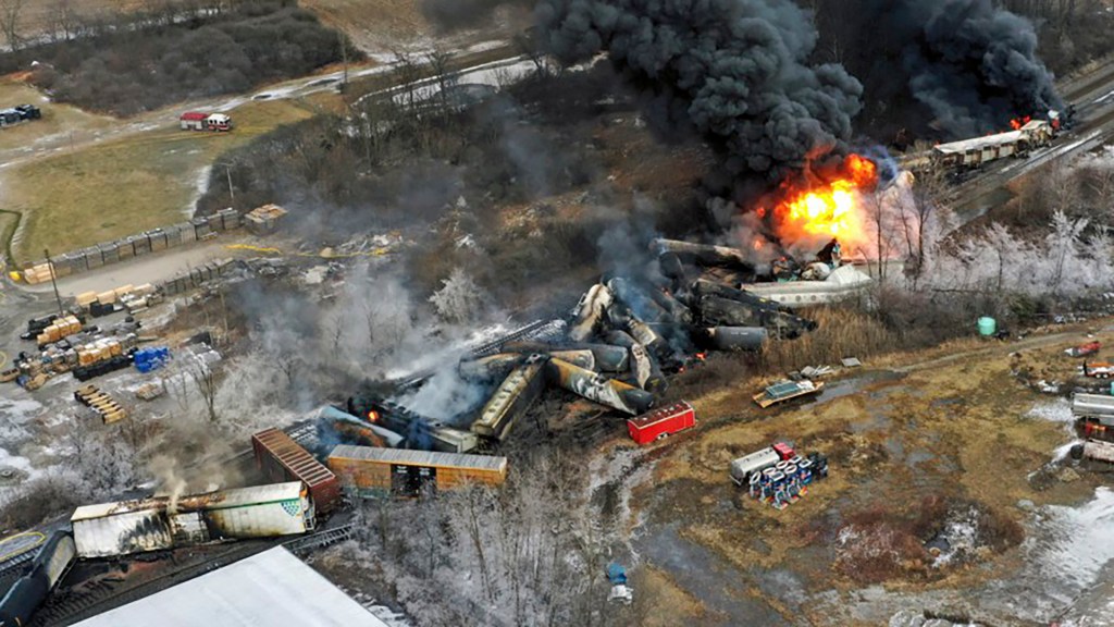 East Palestine train derailment aftermath is pictured.