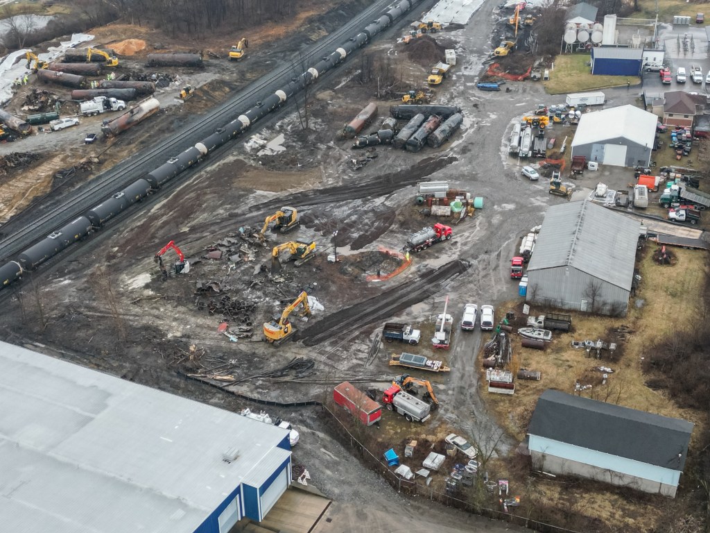 Pictured is a shot from the air of the train derailment aftermath in East Palestine.