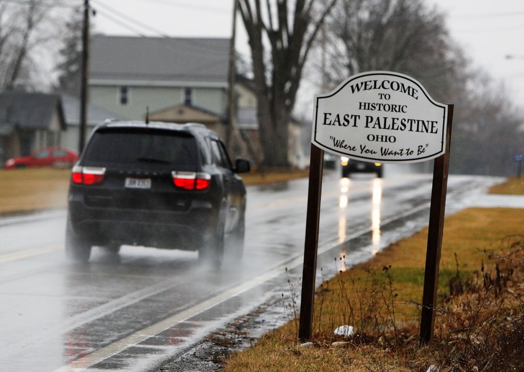 The welcome sign to East Palestine is pictured.