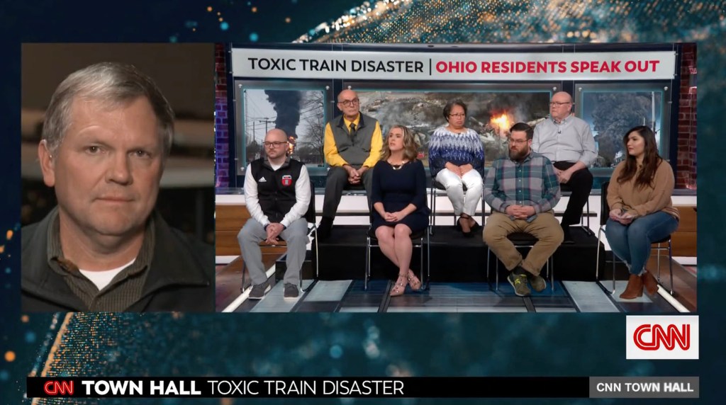 Alan Shaw is pictured with East Palestine, Ohio, residents at a CNN town hall.