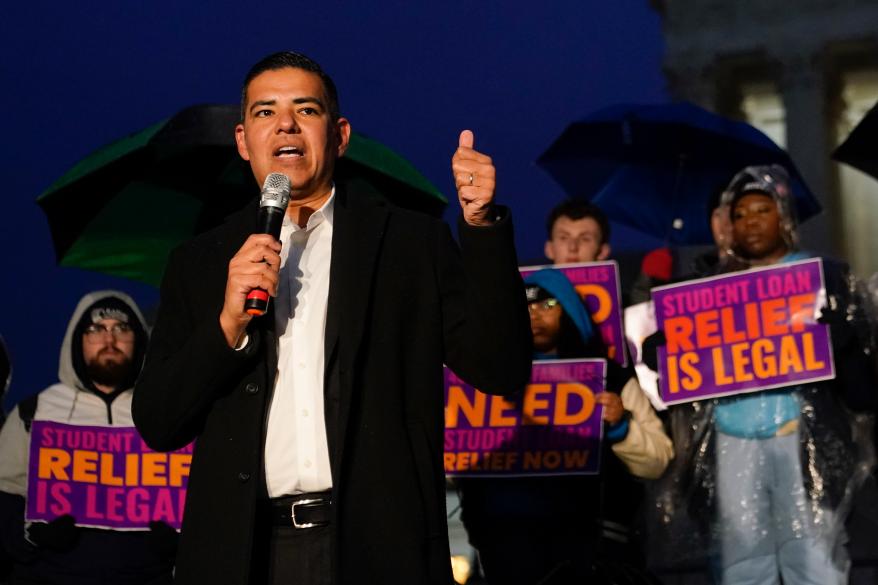 Rep. Robert Garcia, D-Calif., spoke in front of student debt relief advocates outside the Supreme Court on Monday, Feb. 27, 2023.