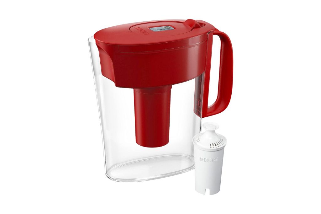 Red topped Brita water filter pitcher with filter to the side