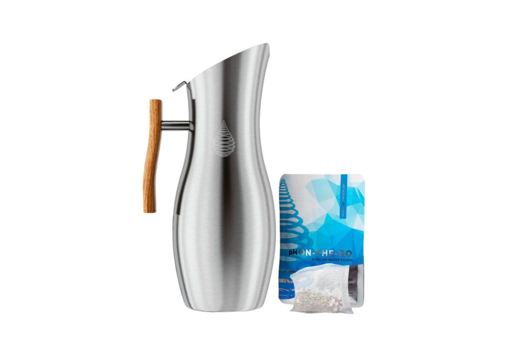 A steel water filter pitcher with bamboo handle, and a filter bag