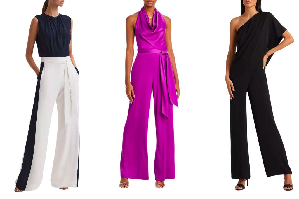 The models in jumpsuits. One in black and white jumpsuit, the other in purple jumpsuit, and last in black off-shoulder jumpsuit.