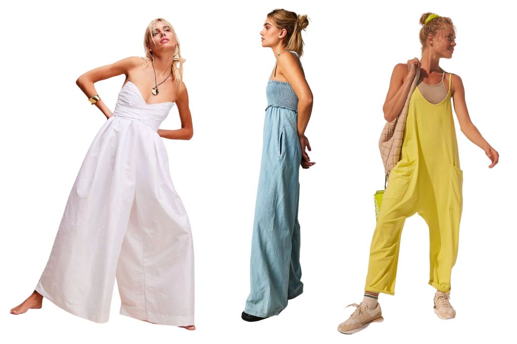 Three models in three different styles of jumpsuits.