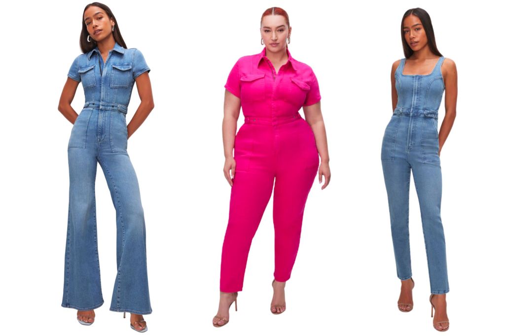 Three models in Good American denim jumpsuits.