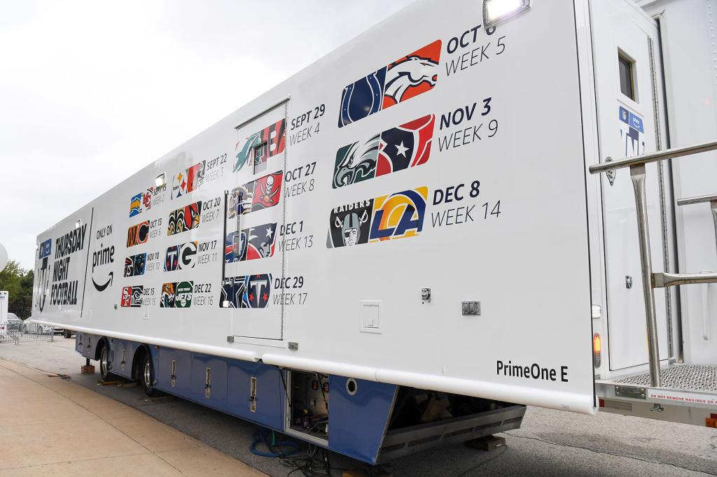 Thursday Night Football trucks are seen with Amazon Prime signage and the Thursday Night Football schedule prior to a game between the Pittsburgh Steelers and the Cleveland Browns at FirstEnergy Stadium on September 22, 2022 in Cleveland, Ohio.