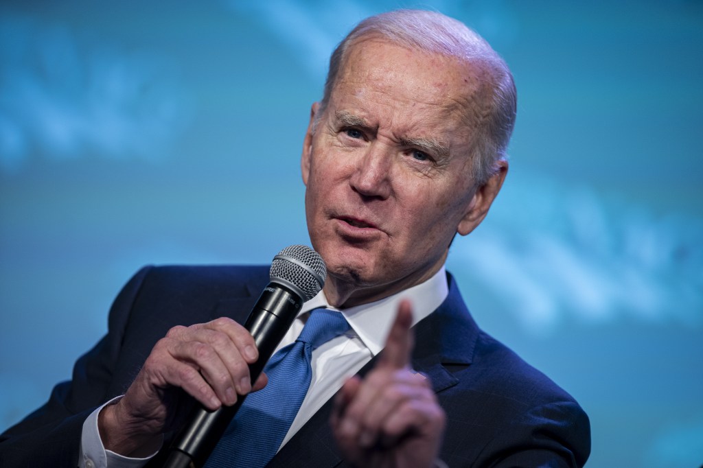 President Biden addresses county officials on Tuesday, Feb. 14, 2023.