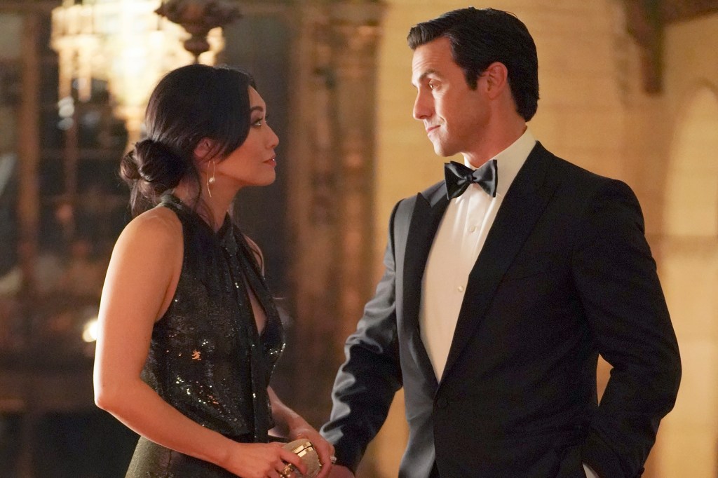 Emma (Catherine Haena Kim) and Charlie (Milo Ventimiglia) in a scene from "The Company You Keep." She's wearing a fancy gown and he's dressed in a tuxedo.