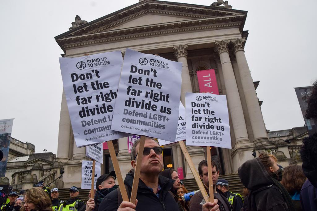 LGBTQ rights demonstrators staged a counter-protest against the far-right group Patriotic Alternative