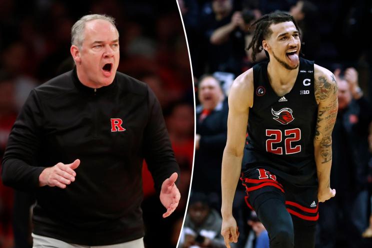 Rutgers men's basketball head coach Steve Pikiell claps on the sideline; Caleb McConnell reacts after hitting a 3-pointer during a loss to Michigan.