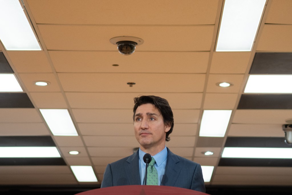 Canadian Prime Minister Justin Trudeau discusses a UFO shootdown over the Yukon territory on Saturday, Feb. 11, 2023. 