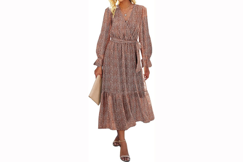 BTFBM Women's Long-Sleeve Wrap V-Neck Dot Leopard Boho Maxi Dress with Belt