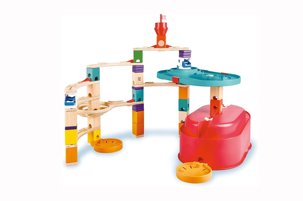 Hape 90 Piece Quadrilla Stack Track Bucket Box Marble Race Building Set