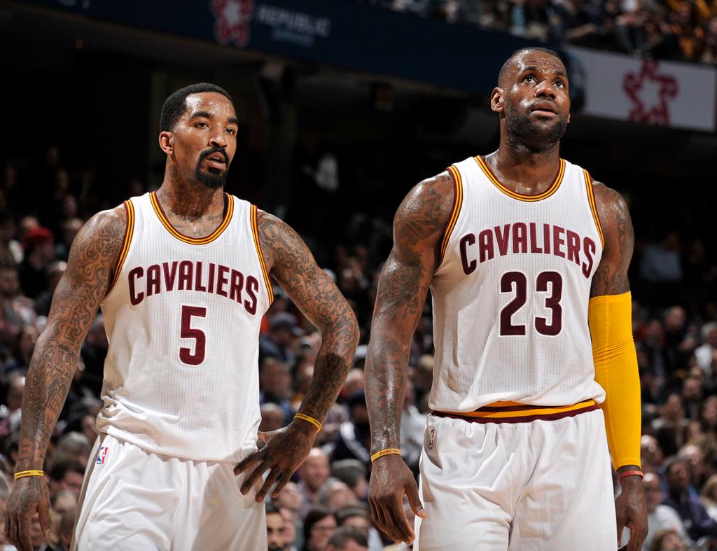 J.R. Smith #5 and LeBron James #23 of the Cleveland Cavaliers during the game against the Memphis Grizzlies on March 7, 2016 at Quicken Loans Arena in Cleveland, Ohio.