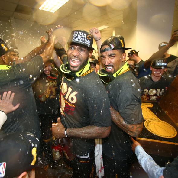 LeBron James #23 of the Cleveland Cavaliers and J.R. Smith #5 of the Cavaliers celebrates after winning Game Seven of the 2016 NBA Finals against the Golden State Warriors on June 19, 2016 at Oracle Arena in Oakland, California.