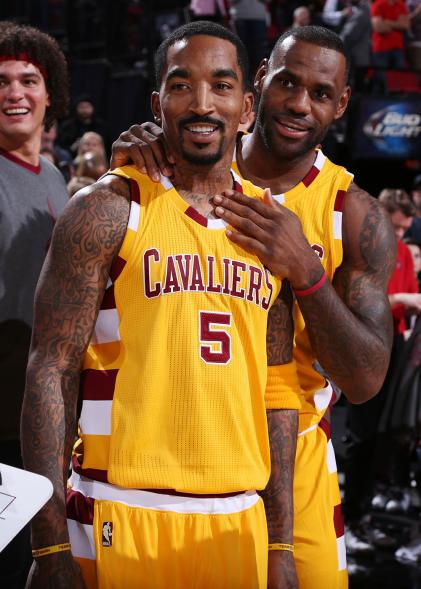 J.R. Smith #5 and LeBron James #23 of the Cavaliers during the game against the Trail Blazers on Dec. 26, 2015 at the Moda Center Arena in Portland, Oregon.