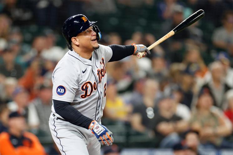 Slugger Miguel Cabrera watches a ball he just hit.