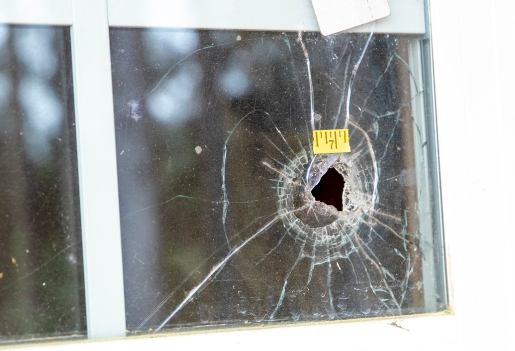 A bullet hole in the kennel window.