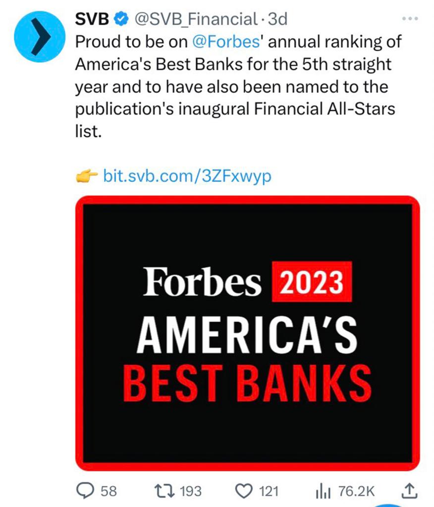 SVB's tweet about being named one of this year's best banks by Forbes.