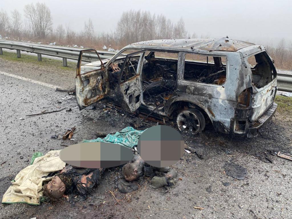 Dead bodies were scattered around a van in Ukraine amid the Russian-Ukraine war.