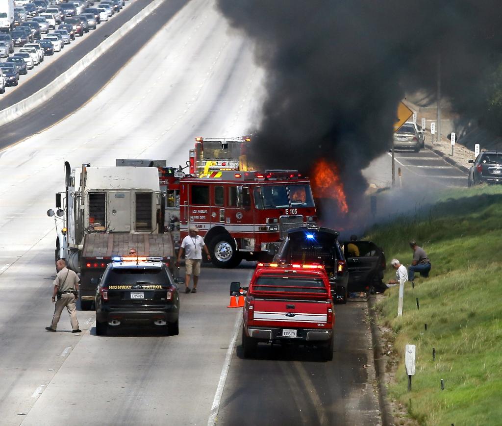 Dick Van Dyke was pulled from his burning sports car Monday afternoon after it caught fire on the 101 Freeway in Calabasas, according to California Highway Patrol officials and his personal Twitter account.