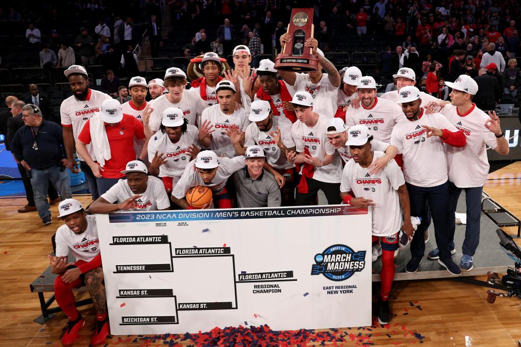 The Florida Atlantic Owls celebrate after defeating the Kansas State Wildcats in the Elite Eight.