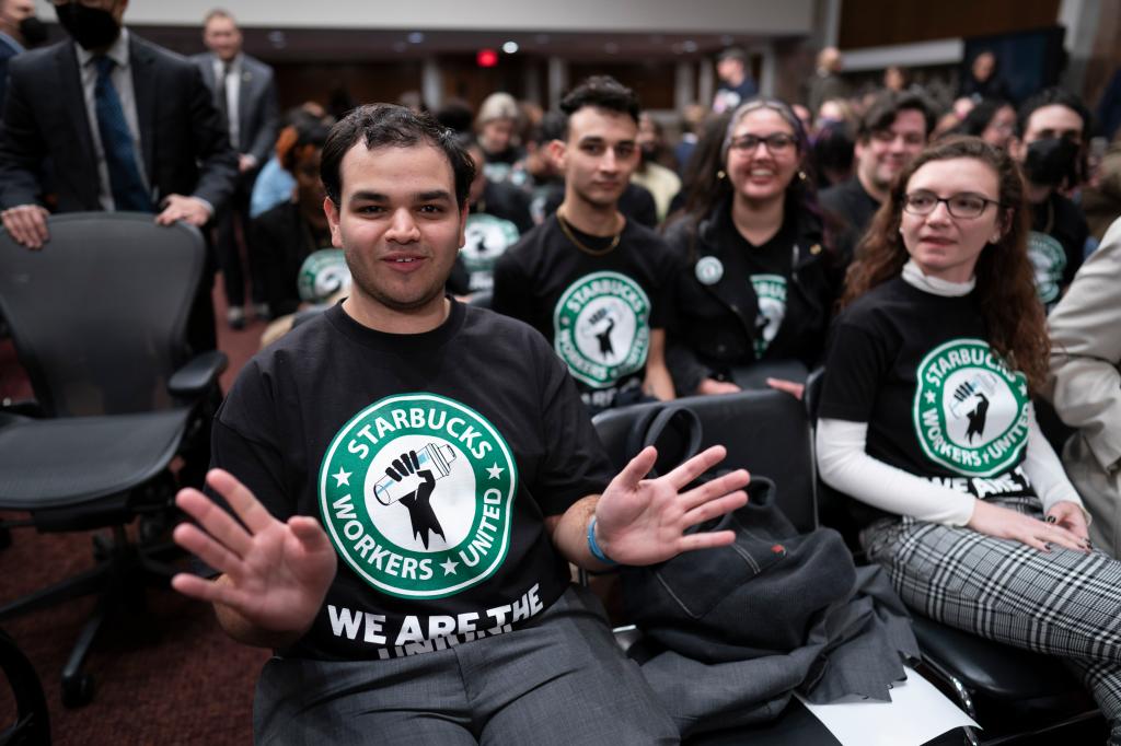 Supporters of Starbucks' unionizing effort at the hearing.