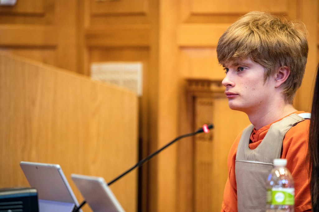 Jeremy Everett Goodale listens during a reverse waiver hearing in Fairfield, Iowa on April 28, 2022.