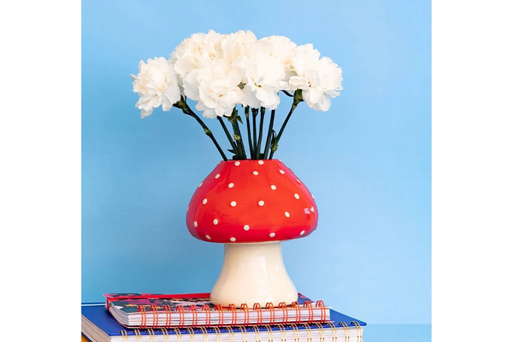 A red mushroom vase