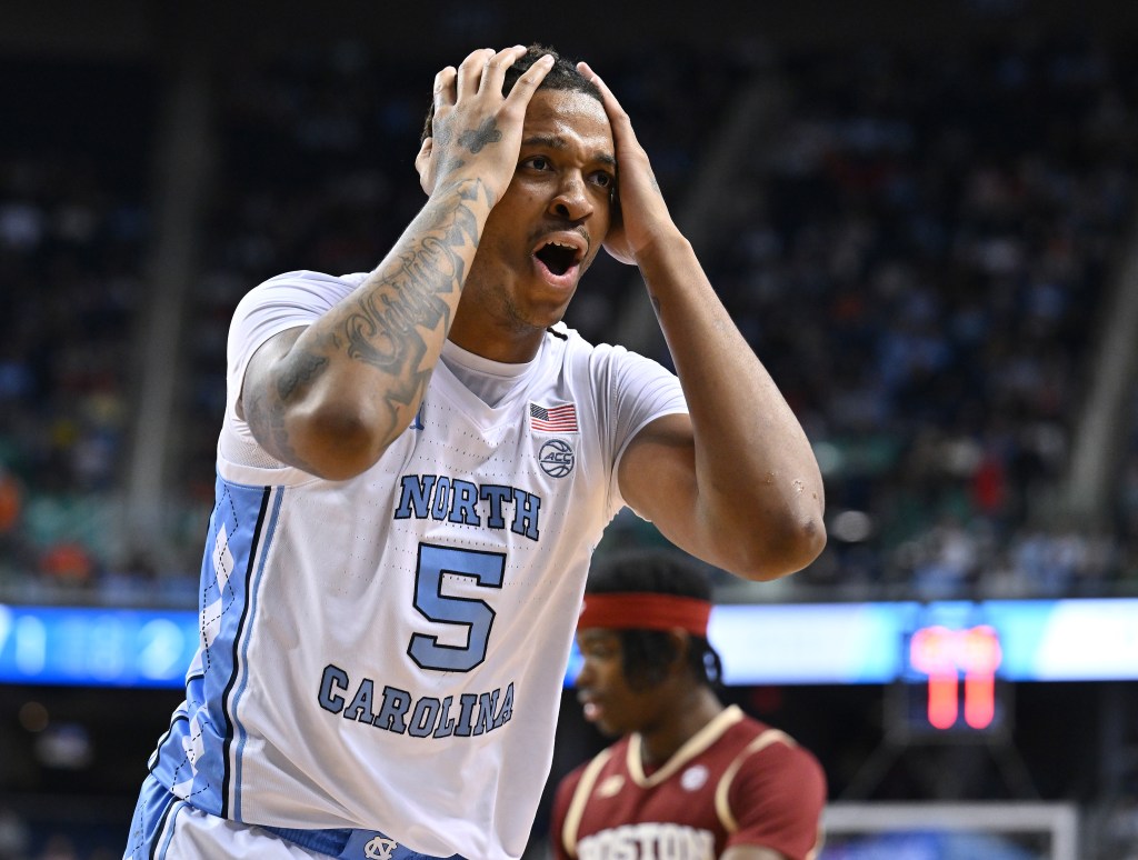 Armando Bacot #5 of the North Carolina Tar Heels reacts after being called for a foul