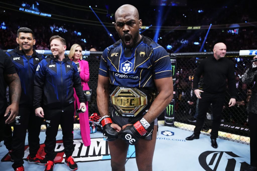 Jon Jones reacts to his win in the UFC heavyweight championship fight during the UFC 285