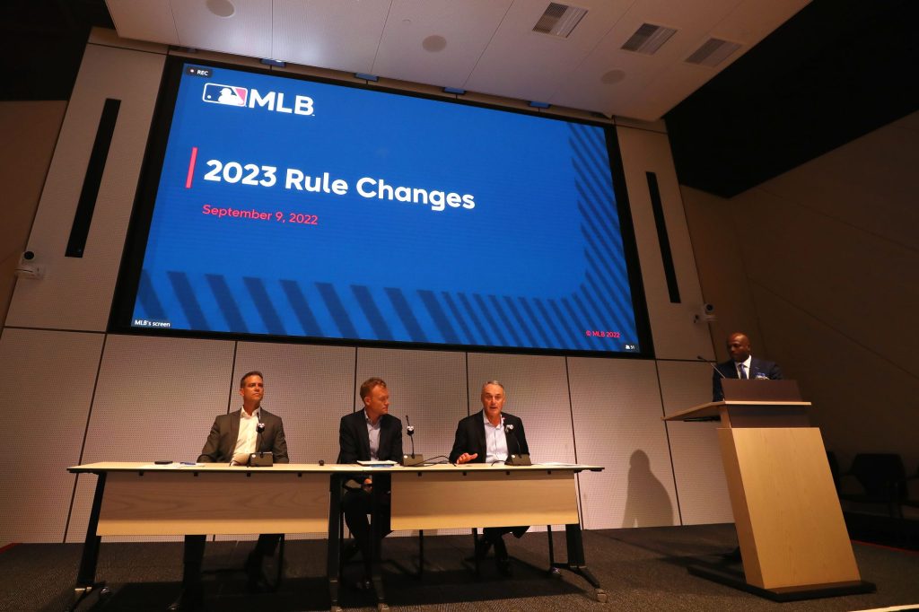 Major League Baseball Commissioner Robert D. Manfred Jr. speaks to the media during the MLB Rules Press Conference