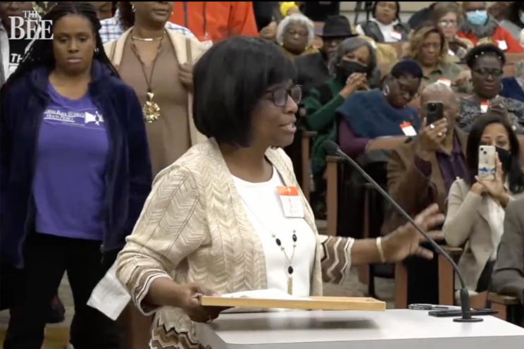 Gloria Pierrot-Dyer from Roseville speaks during a California Reparations Task Force meeting Friday that focused around giving every black citizen in the state a $360,000 check.