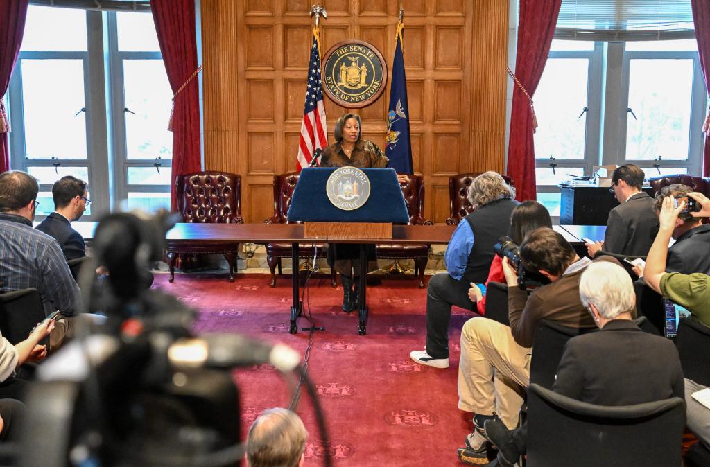 Senate Majority Leader, Andrea Stewart-Cousins, D-Yonkers, gives her remarks after New York Chief Judge nominee Hector Lasalle nomination was rejected in the Senate Chamber