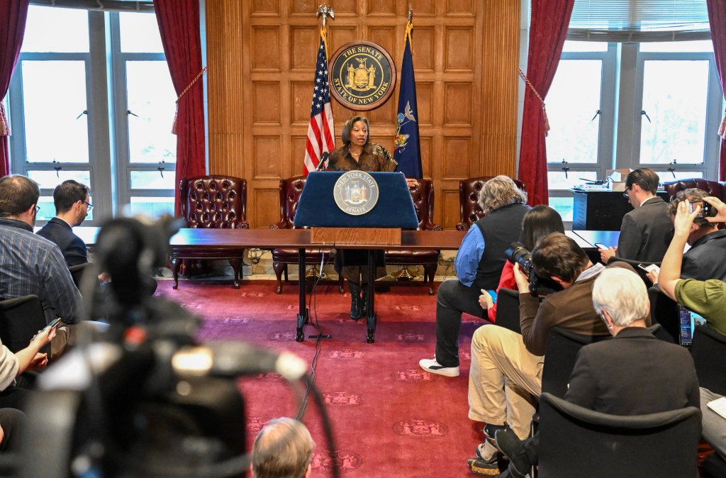 Senate Majority Leader, Andrea Stewart-Cousins, D-Yonkers, gives her remarks after New York Chief Judge nominee Hector Lasalle nomination was rejected in the Senate Chamber 