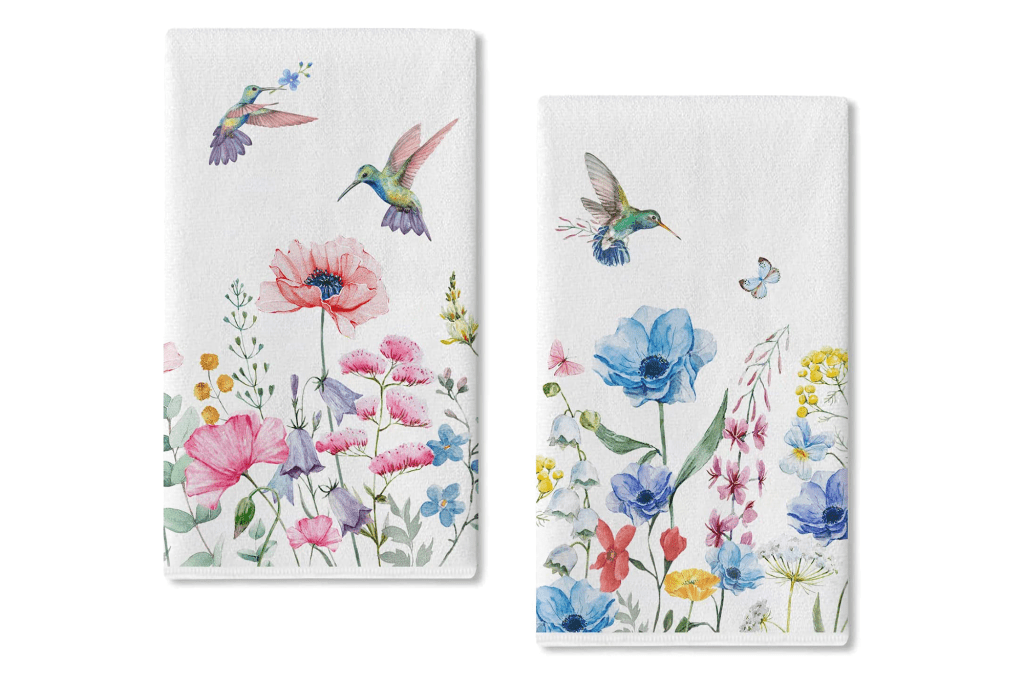 Seliem Anemone Flower Hummingbird Kitchen Dish Towel Set