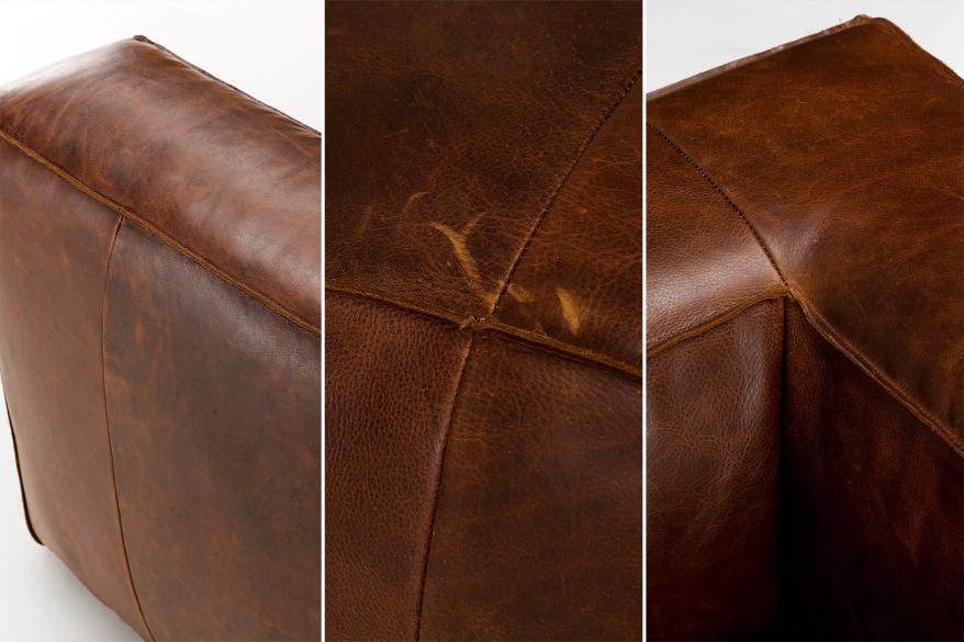 Three different up close pictures of a brown leather couch.