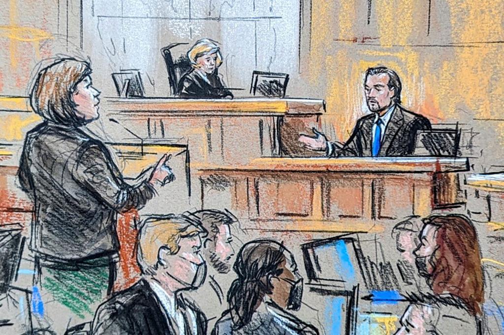 DiCaprio testifies in the trial of rapper Prakazrel "Pras" Michel of The Fugees hip hop group, who is accused of illegally taking tens of millions of dollars to lobby the U.S. government on behalf of a Malaysian financier and the Chinese government, in this courtroom sketch in U.S. District Court in Washington, U.S., April 3, 2023.