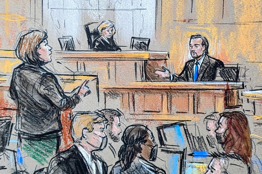  DiCaprio testifies in the trial of rapper Prakazrel "Pras" Michel of The Fugees hip hop group, who is accused of illegally taking tens of millions of dollars to lobby the U.S. government on behalf of a Malaysian financier and the Chinese government, in this courtroom sketch in U.S. District Court in Washington, U.S., April 3, 2023.