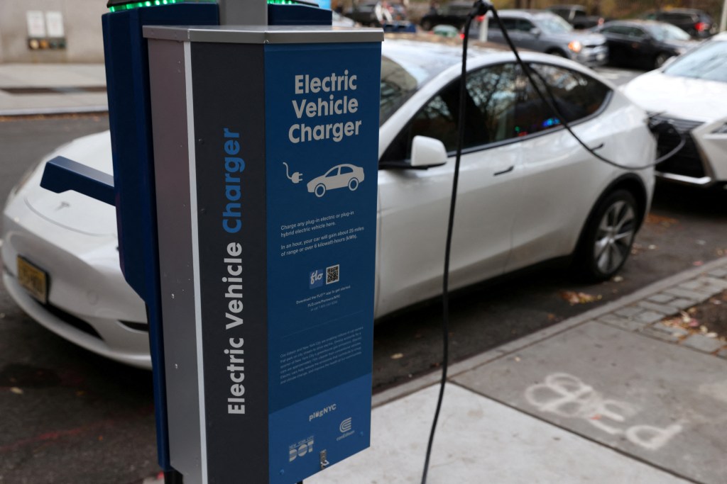 An electric vehicle charging station in Manhattan on Dec. 7, 2021, 