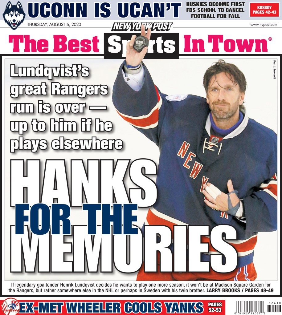 The New York Post sendoff to Lundqvist who would retire a year later. 