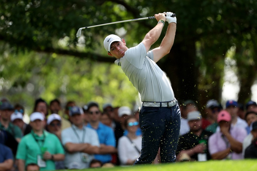 Rory McIlroy plays his shot from the fourth tee during the second round of the 2023 Masters Tournament.