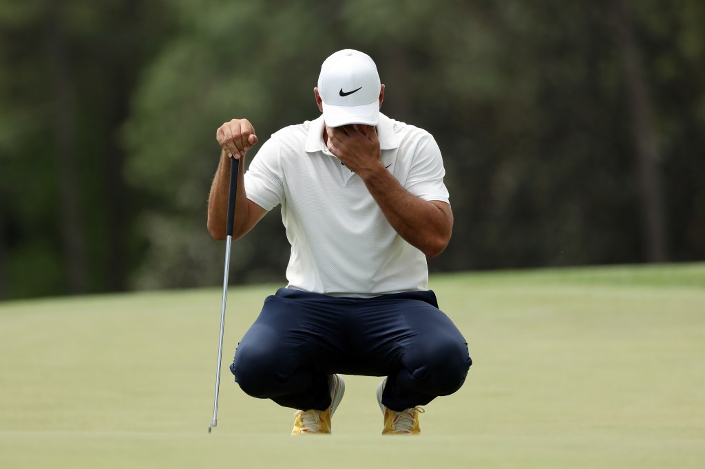 Brooks Koepka of the United States looks over a putt on the 18th green during the second round of the 2023 Masters Tournament at Augusta National Golf Club on April 07, 2023 in Augusta, Georgia. 