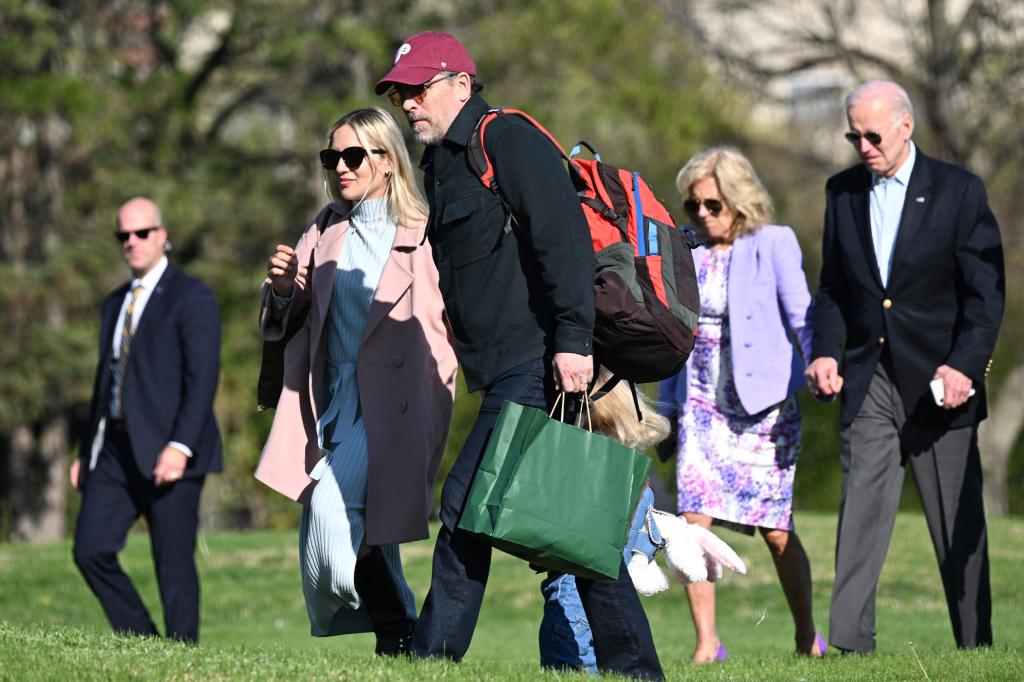 Hunter and his wife Melissa Cohen walking to the motorcade at Fort McNair in Washington, DC with President Biden, First Lady Jill Biden and their son Beau on April 9, 2023.