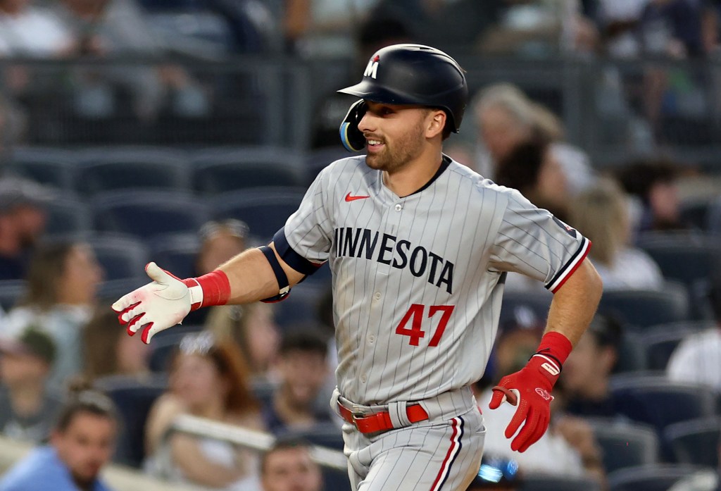 Edouard Julien #47 of the Minnesota Twins celebrates his solo homer run in the first inning against the New York Yankees at Yankee Stadium on April 13, 2023 in Bronx borough of New York City.