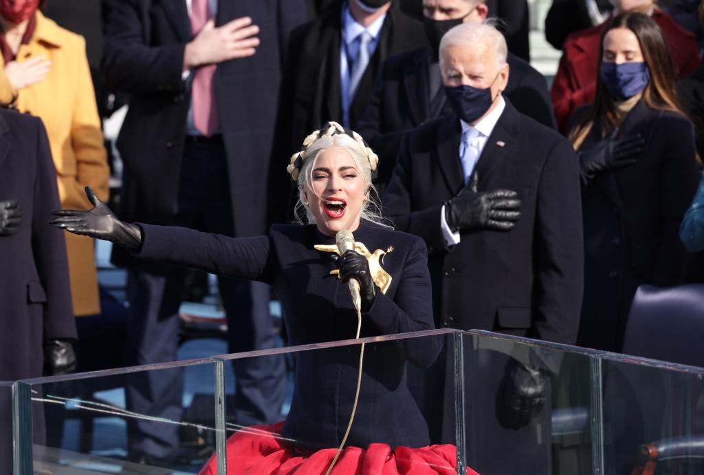 Lady Gaga sings the National Anthem at the inauguration of U.S. President-elect Joe Biden on the West Front of the U.S. Capitol on January 20, 2021 in Washington, DC.